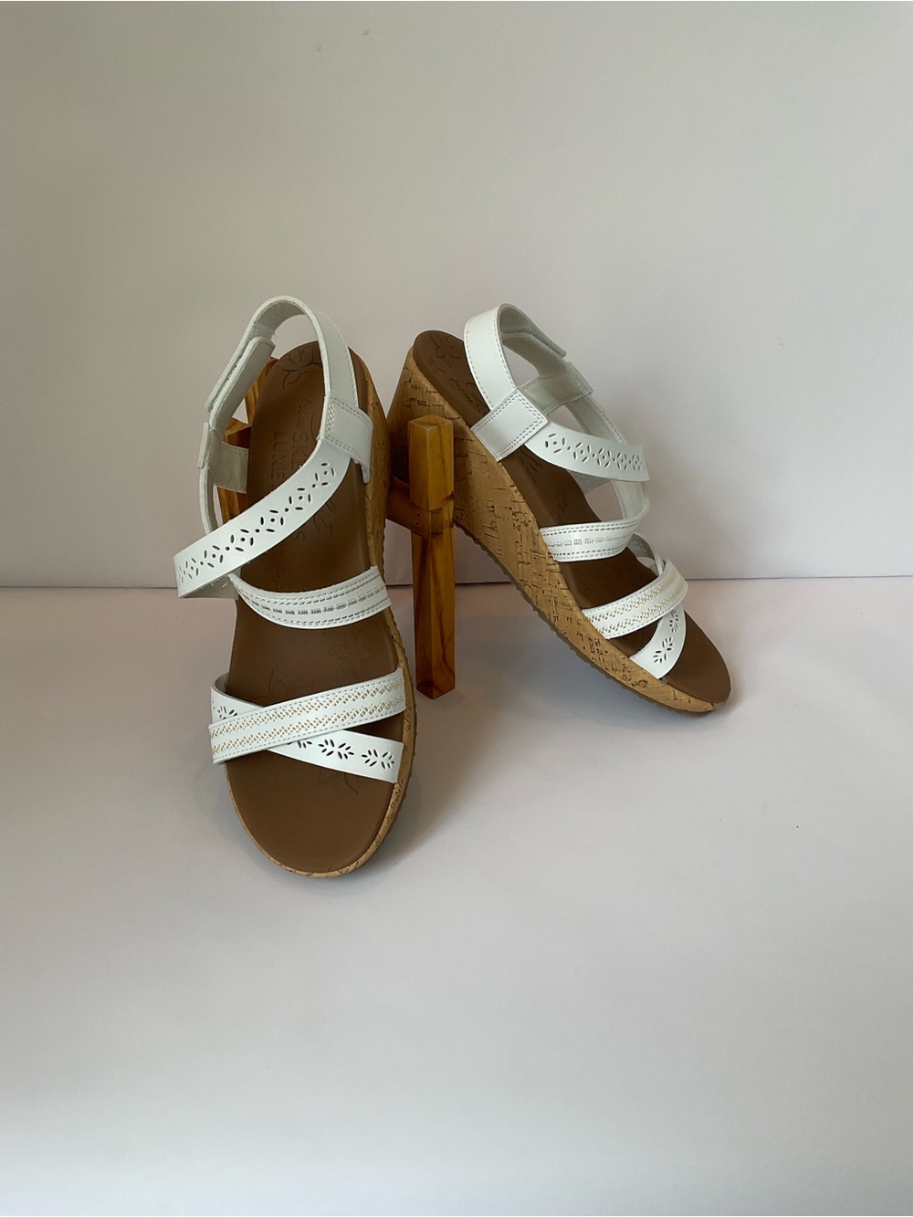 Skechers Cali Beverlee White Wedge Perforated Strap Luxe Foam Sandals